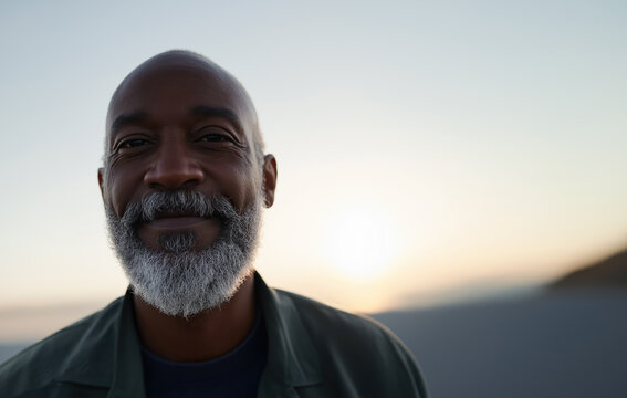 Bearded man silhouette against sunset ocean view