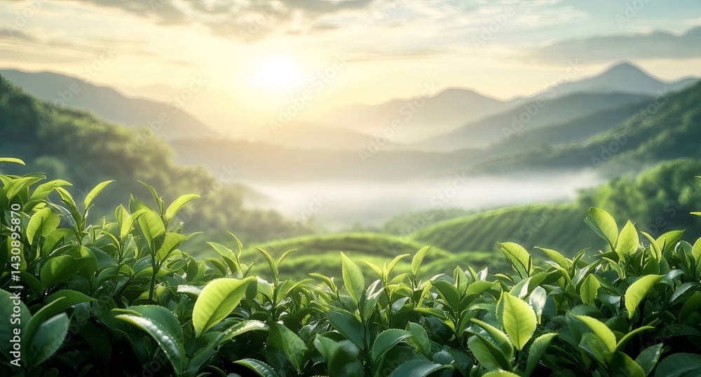 Poster 朝日に照らされた緑豊かな茶園の風景 霧に包まれた山々と輝く光景