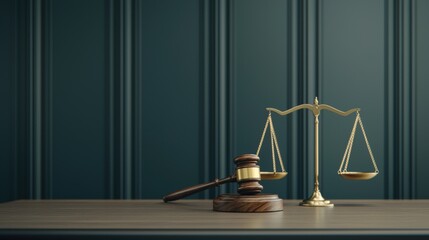 Polished wooden gavel and elegant balance scales symbolizing justice on judge's desk