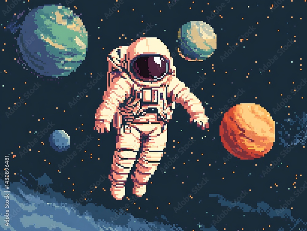 Poster pixelated astronaut floating in space with planets and starry background