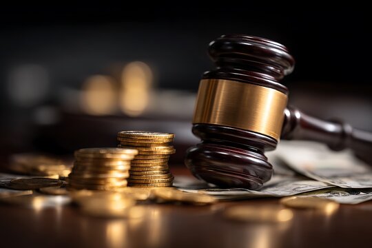 A gavel and coins suggesting financial rulings or legal decisions, with a serious and professional atmosphere.