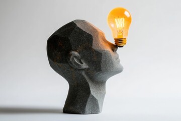A stone head sculpture with a glowing lightbulb balanced on its nose, symbolizing creativity and enlightenment.
