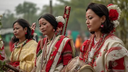 Indigenous women in traditional Assamese attire perform with musical instruments during a cultural festival, celebrating heritage and community spirit