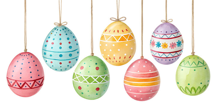Watercolor Colorful Easter eggs hanging isolated on transparent background