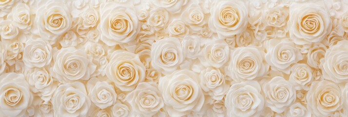 Rose flowerheads wall. Rose flower wallpaper. Blossoming background. Natural fresh flowers pattern. Topview. Ivory creamy rose flower heads backdrop. Delicate blossoming, blooming festive pastel card