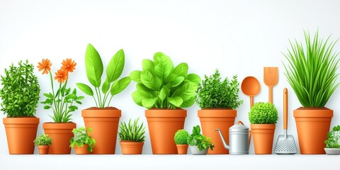 Fototapeta premium A Colorful Collection Of Potted Plants And Gardening Tools