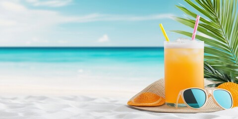 Obraz premium Tropical Beach Drink With Sunglasses And Hat