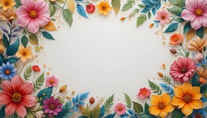 Fototapeta premium A vibrant and colorful floral frame featuring sunflowers, leaves, and various flowers, perfect for invitations, greeting cards, and spring-themed designs.