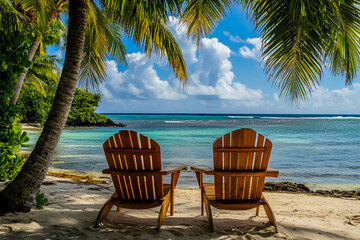 A calming image of two wooden chairs on a serene beach, offering a stunning view of swaying palm trees, crystal-clear turquoise waters, and a peaceful tropical island.