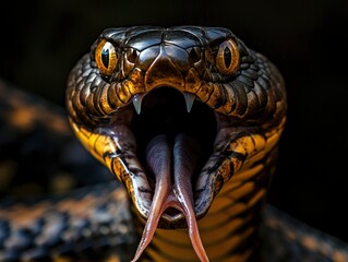 Naklejka premium A striking close-up of a cobra with its hood fully expanded and mouth wide open, displaying its sharp teeth