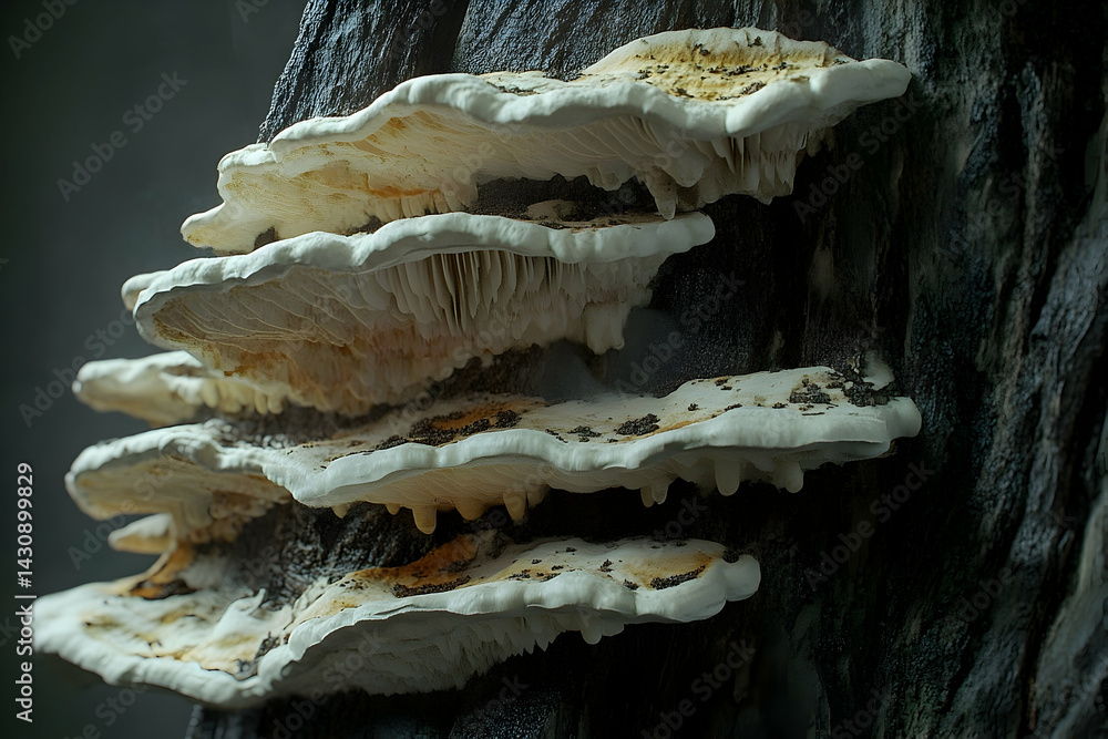 Poster close-up view of a cluster of bracket fungi on a tree trunk.