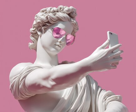 Classic white marble statue of afrodita wearing cool mirrored pink aviator sunglasses, make selfie