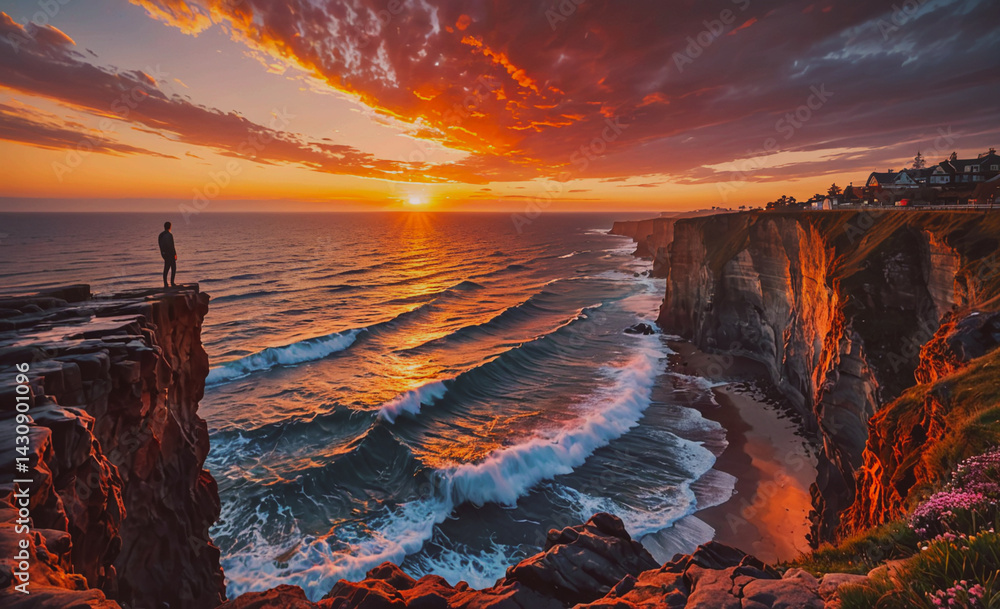 Aufkleber Man stands on a cliff overlooking the ocean at sunset. The sky is filled with orange and pink hues, creating a warm and serene atmosphere. The waves crashing against the rocks below add to the sense