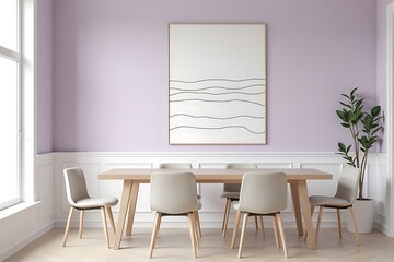 Dining Room Interior with Light Wood Table, Neutral Chairs, and Abstract Artwork on Light Purple Wall (Modern Interior Design)