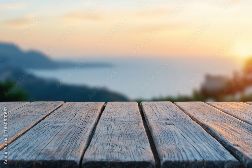 Poster empty wooden table overlooking tranquil ocean at sunset, ideal background for product placement
