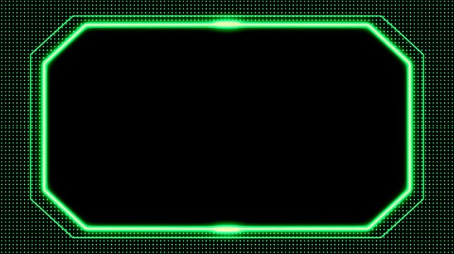 Rectangular closed parallelogram, neon glowing green frame, horizontal frame on black background. Blinking lines with dots. Blank space for your own content in the middle.