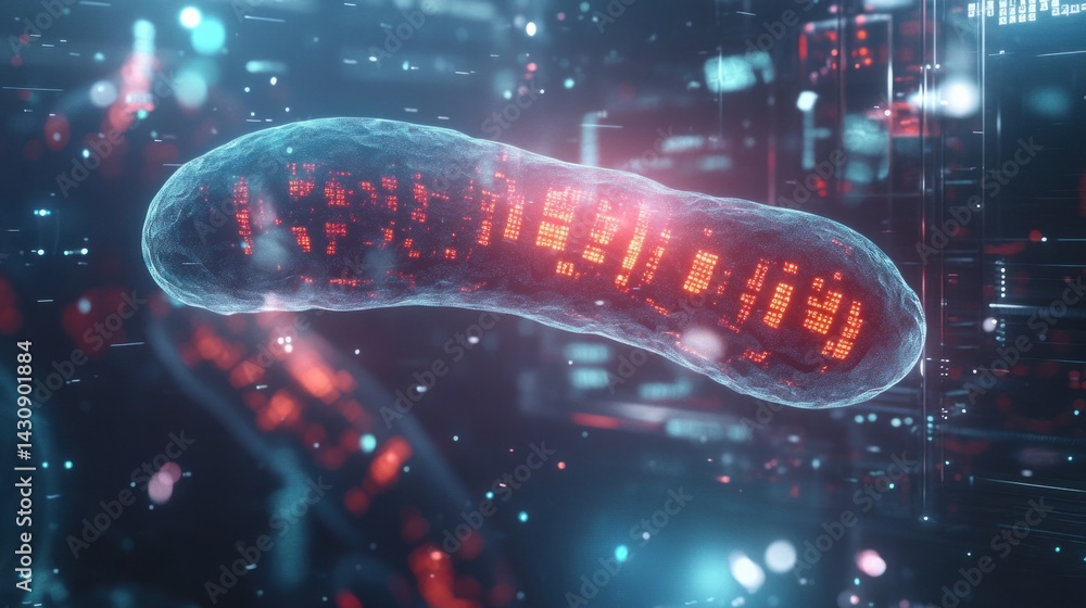 Poster futuristic cell structure with digital interface and neon elements