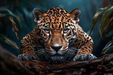 Obraz premium Jaguar Crouched Low in Dense Jungle Floor Amid Lush Greenery