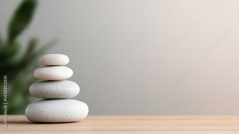 Poster Stack of white and grey balancing pebbles on wooden tabletop creating a relaxing atmosphere