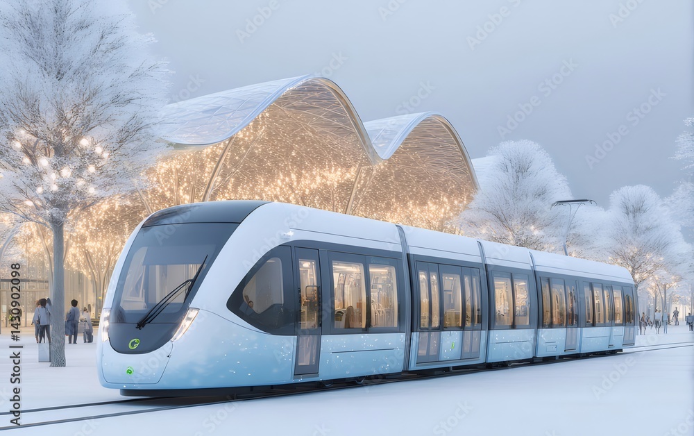 Aufkleber 白い車体の都市型路面電車が雪景色の中を走行する 冬の都市風景の未来的な交通シーン