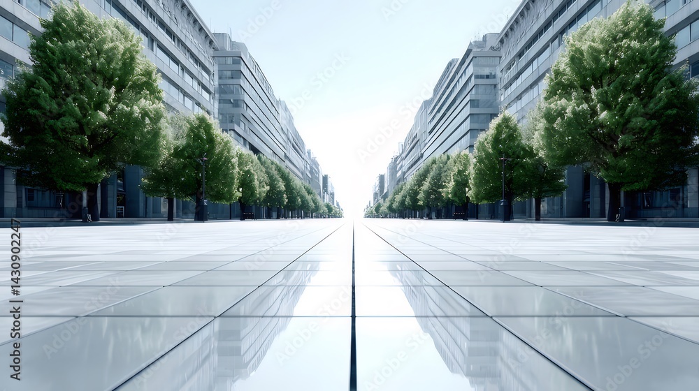 Poster 都会の街並み 遠近法による木々と建物の整然とした風景 青空の下で広々とした空間
