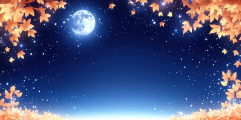 Fototapeta premium Autumn Night Sky Full Moon Orange Leaves