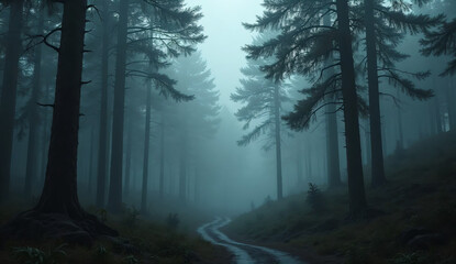 Moody Forest Landscape with Misty Path and Tall Pines
