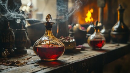 Vintage alchemy setup with potions and fire