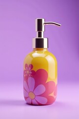 Colorful soap dispenser with unique design on soft purple backdrop, vibrant, bath
