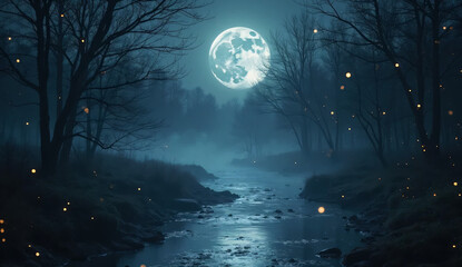 Mystical Night Forest with Moonlit River and Fog