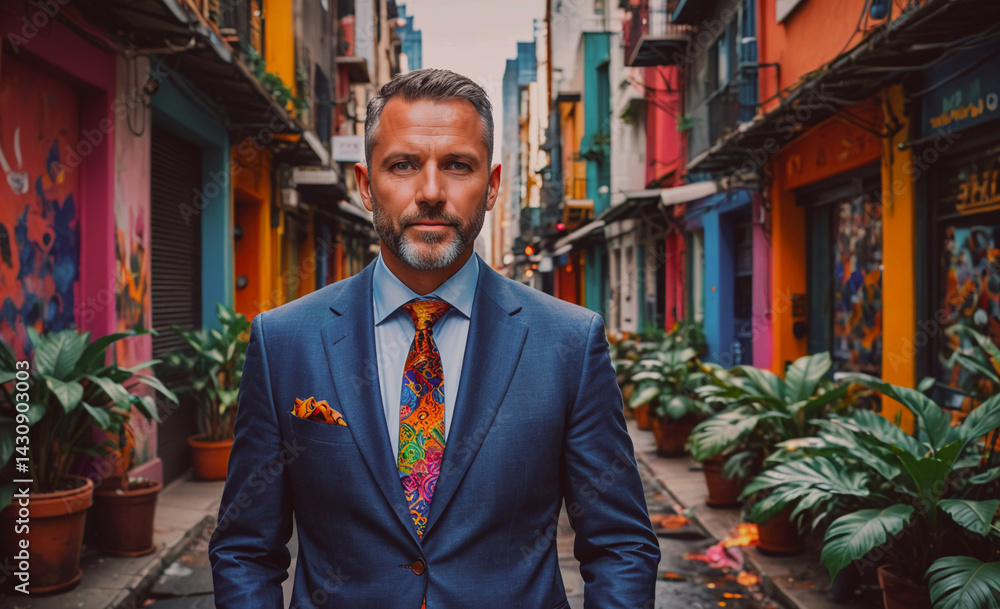 Poster Man in a suit and tie stands in front of a colorful building. The man is wearing a tie with a colorful pattern