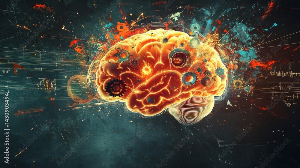 Poster a surreal digital painting of a glowing brain exploding into gears, paint splashes, and mathematical