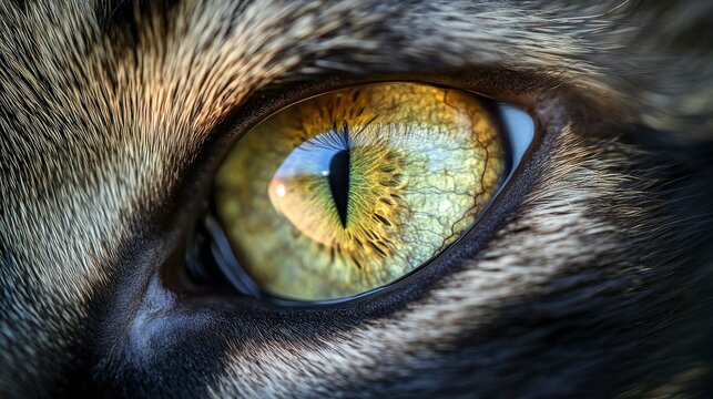 A stunning ultra-close-up of a cat's eye, capturing its hypnotic, slit-shaped pupil and mesmerizing golden-green iris