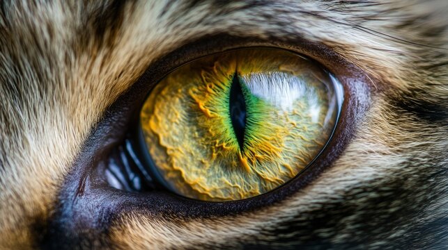 A stunning ultra-close-up of a cat's eye, capturing its hypnotic, slit-shaped pupil and mesmerizing golden-green iris