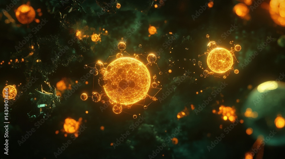 Poster glowing abstract spheres in dark space creating a futuristic atmosphere
