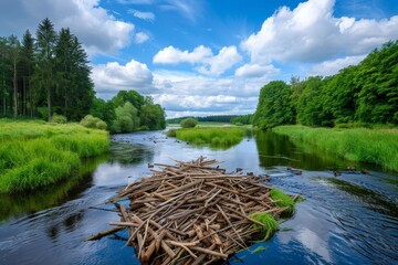 Beavers Building a Dam on a Tranquil Riverbank Under Blue Sky