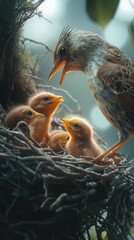 Obraz premium Mother bird feeding her three chicks in a nest.