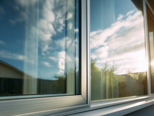 Modern window reflecting blue sky with clouds, home improvement concept. Perfect for architecture, construction, real estate ads.