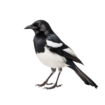 A magpie standing in profile showing its black and white plumage against a transparent background well lit png