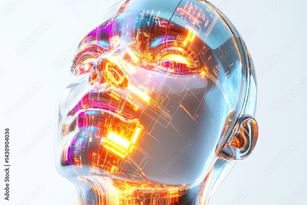 Aufkleber a translucent robotic head with glowing internal circuitry, representing ai and technological advanc