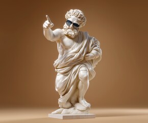 Fototapeta premium Classic white marble statue of Zeus, wearing cool mirrored sunglasses, pointing up