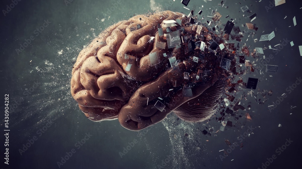 Poster conceptual image of a brain shattering into pixels, creativity flowing out in the form of icons and 