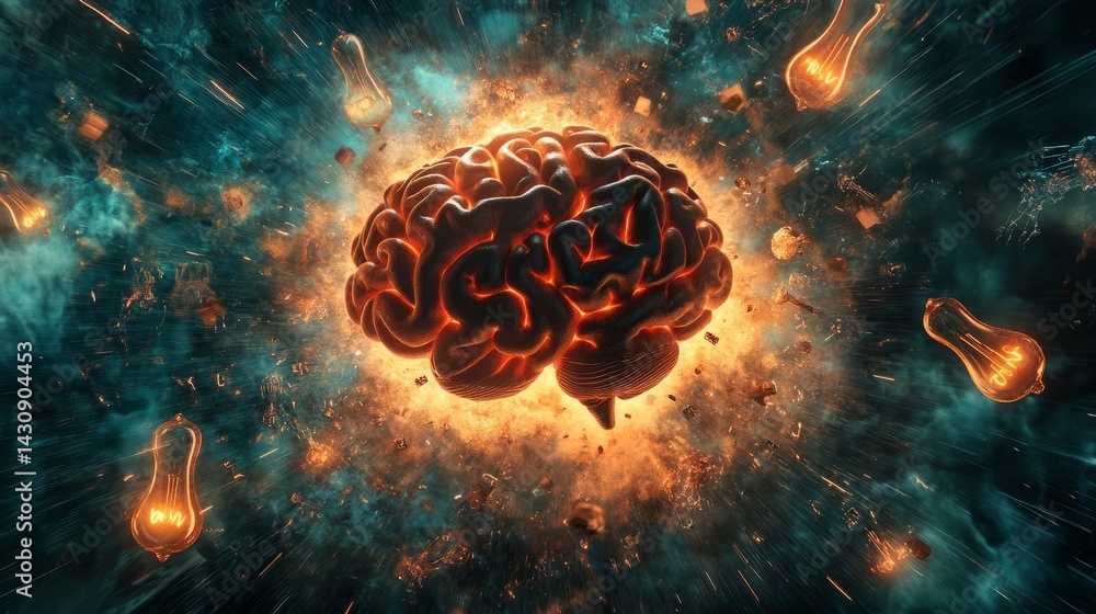 Poster dynamic explosion from a brain into visual metaphors for thinking: question marks, lightbulbs, formu