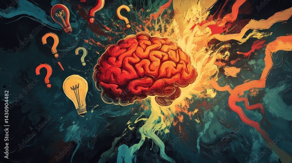 Poster dynamic explosion from a brain into visual metaphors for thinking: question marks, lightbulbs, formu
