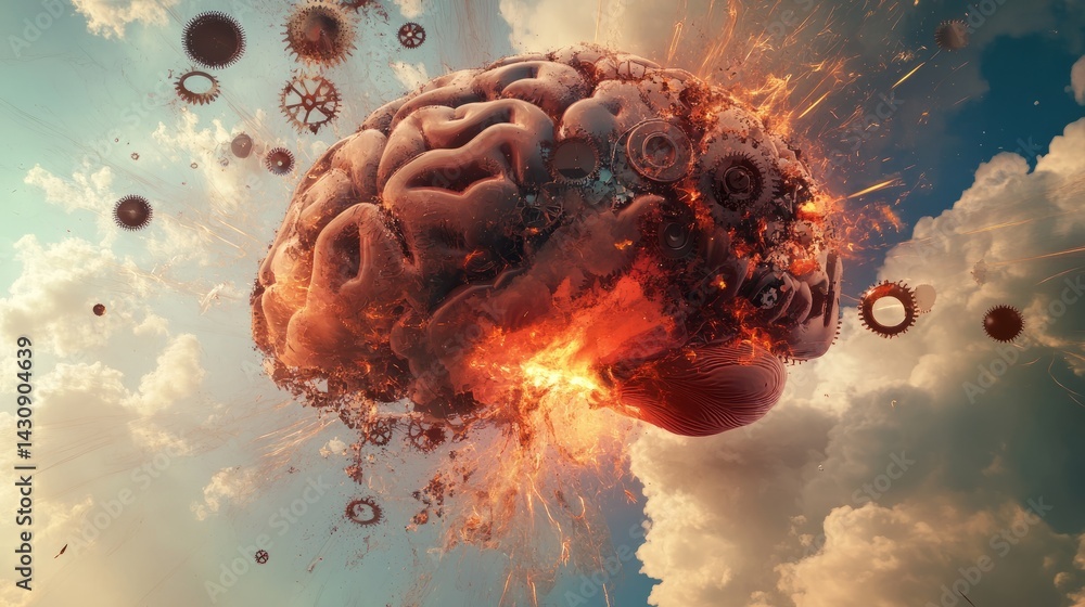 Poster exploding brain concept with surreal fragments like clock gears, fractals, and bright paint flowing 
