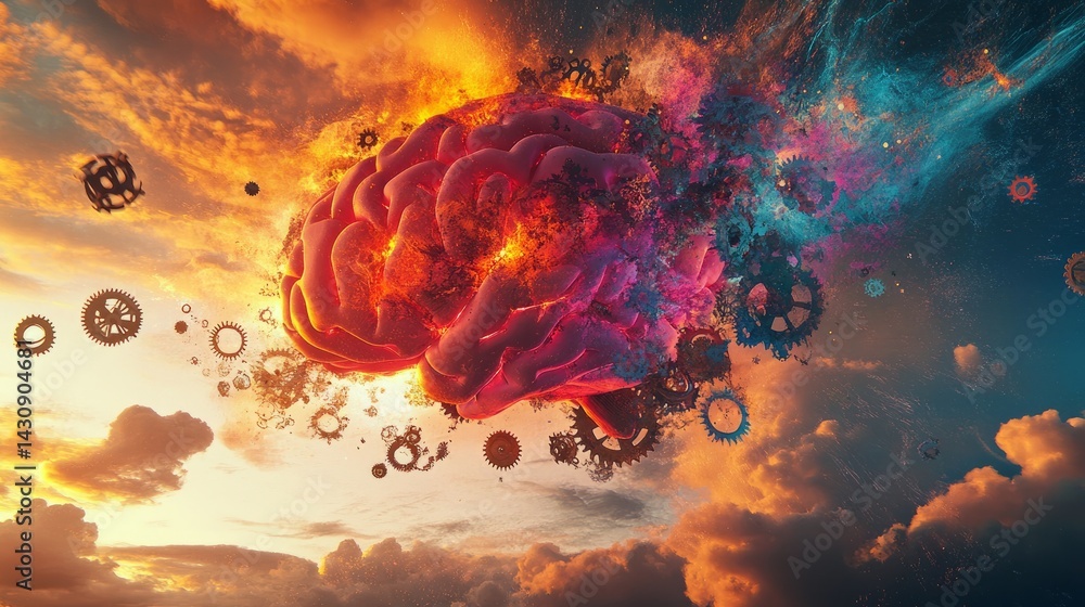 Poster exploding brain concept with surreal fragments like clock gears, fractals, and bright paint flowing 