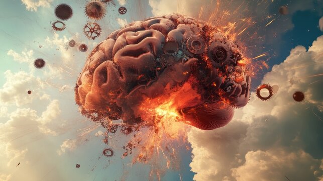 Exploding brain concept with surreal fragments like clock gears, fractals, and bright paint flowing into the sky