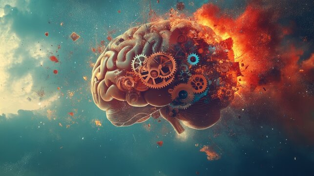 Exploding brain concept with surreal fragments like clock gears, fractals, and bright paint flowing into the sky