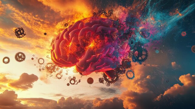 Exploding brain concept with surreal fragments like clock gears, fractals, and bright paint flowing into the sky