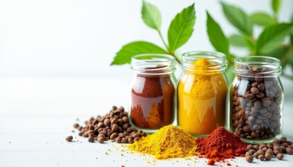 Composition of various herbs and spices in glass jars with green leaves on white background, health, aromatherapy, wellness
